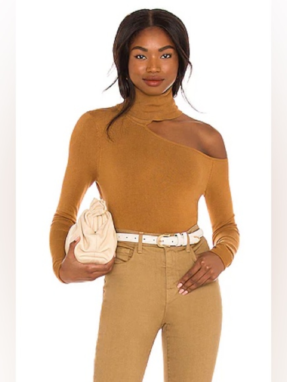 L’AGENCE Nicky Cut Out Turtleneck Long Sleeve Top Blouse Sweater Small Tan